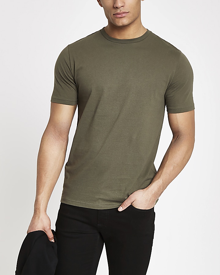 Khaki green slim fit crew neck T-shirt