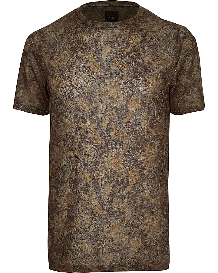 Brown paisley slim fit T-shirt
