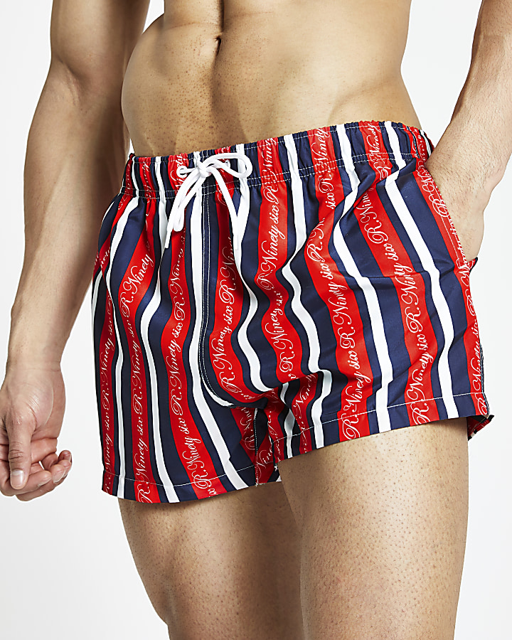 Red R96 stripe swim shorts