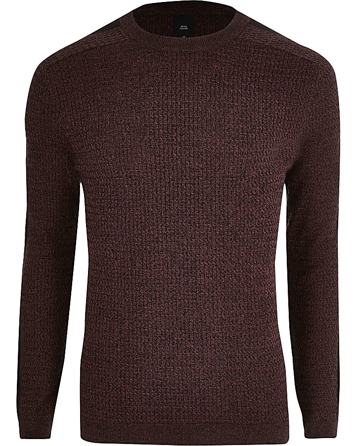 Dark red muscle fit cable knit jumper