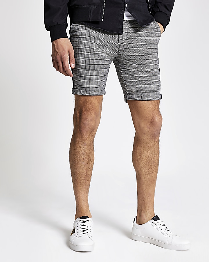 Grey check skinny fit chino shorts