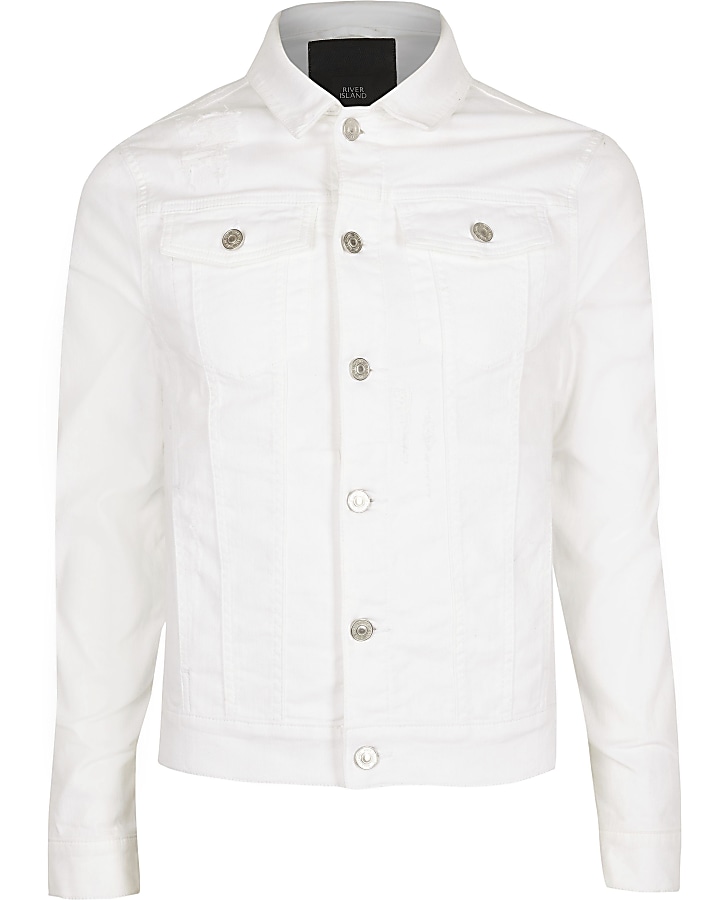 White muscle fit rip and repair denim jacket