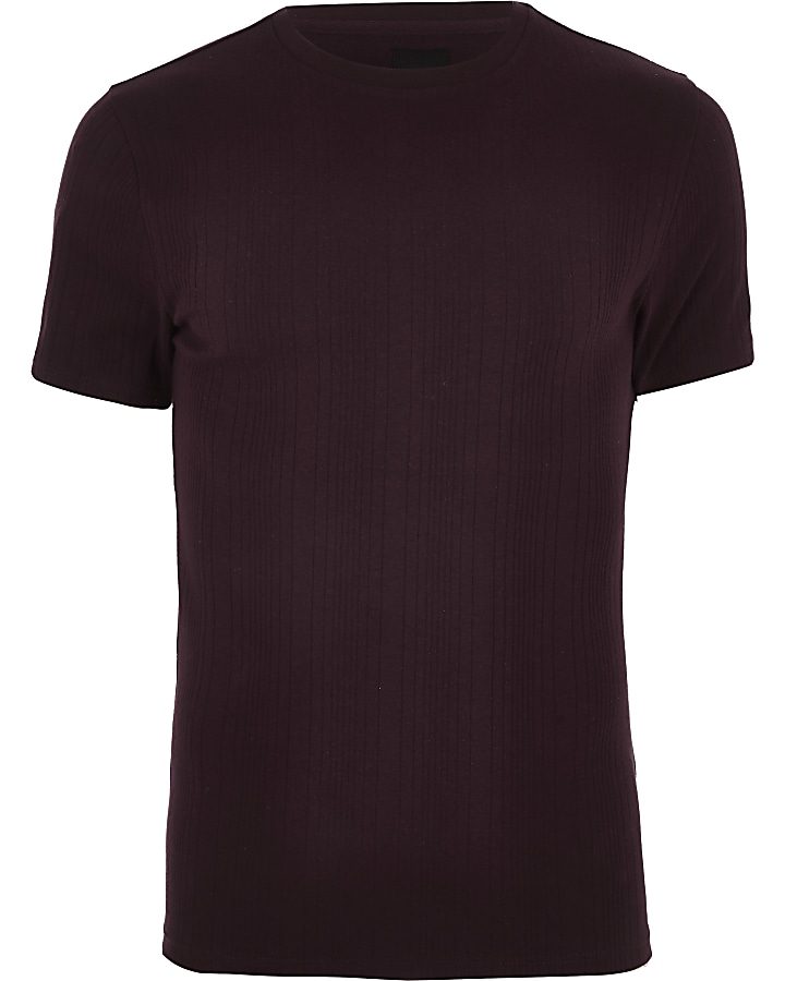 Dark red ribbed muscle fit T-shirt