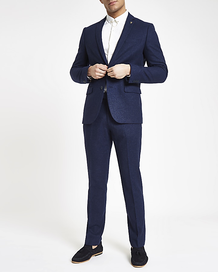 Farah blue wool blend skinny suit jacket