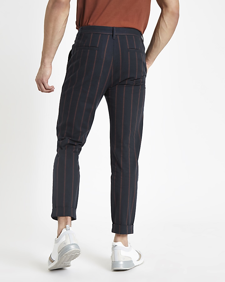 Navy slim fit stripe trousers