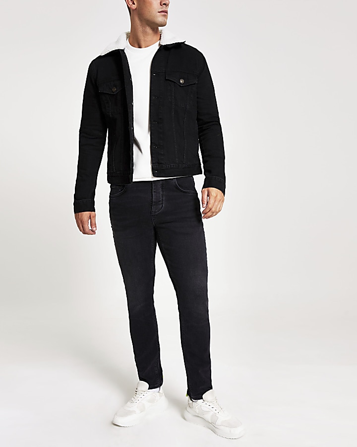 Black fleece borg collar trim denim jacket