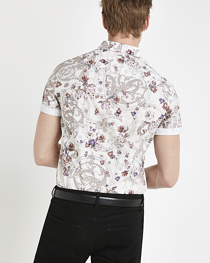 Ecru floral regular fit short sleeve shirt