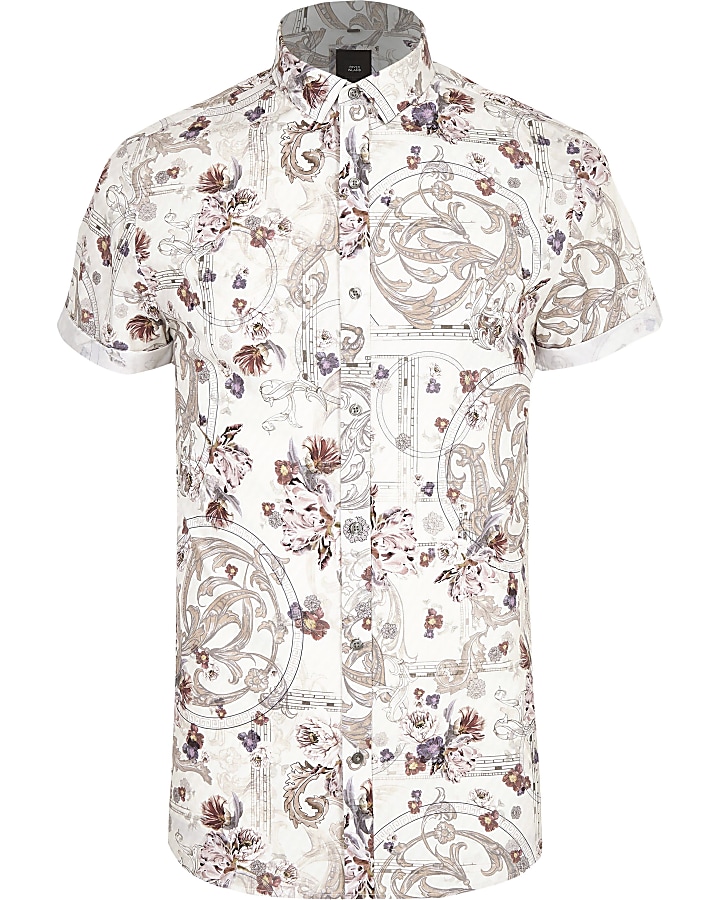 Ecru floral regular fit short sleeve shirt