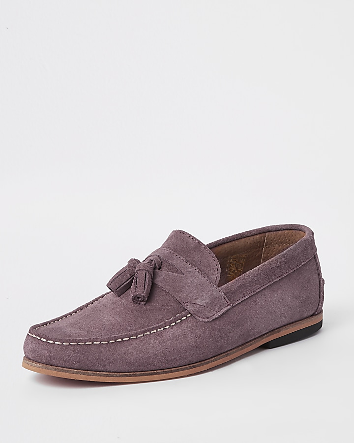 Pink suede tassel front loafers