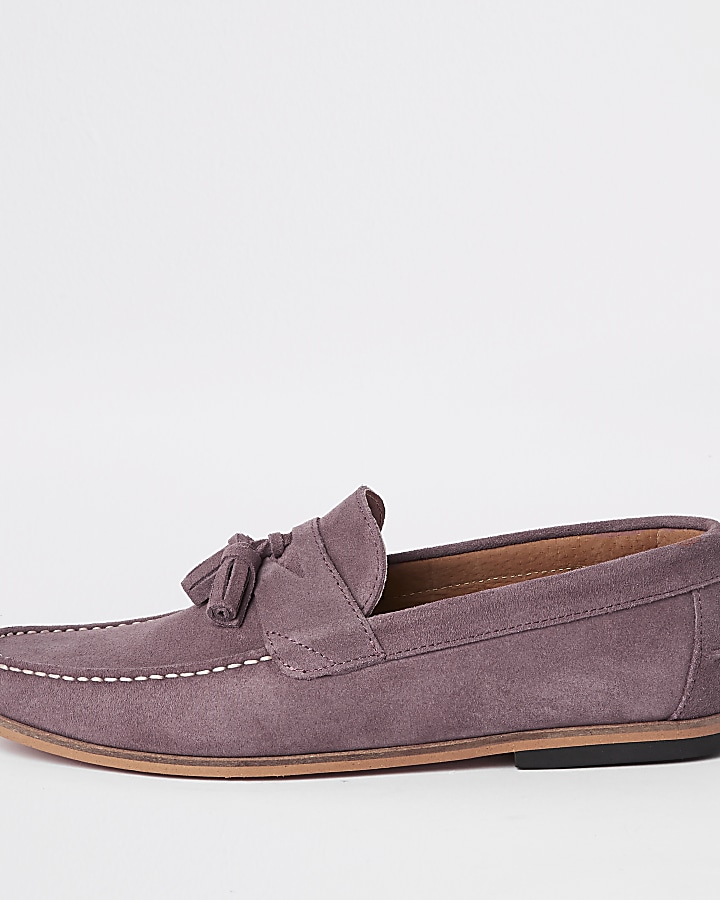 Pink suede tassel front loafers