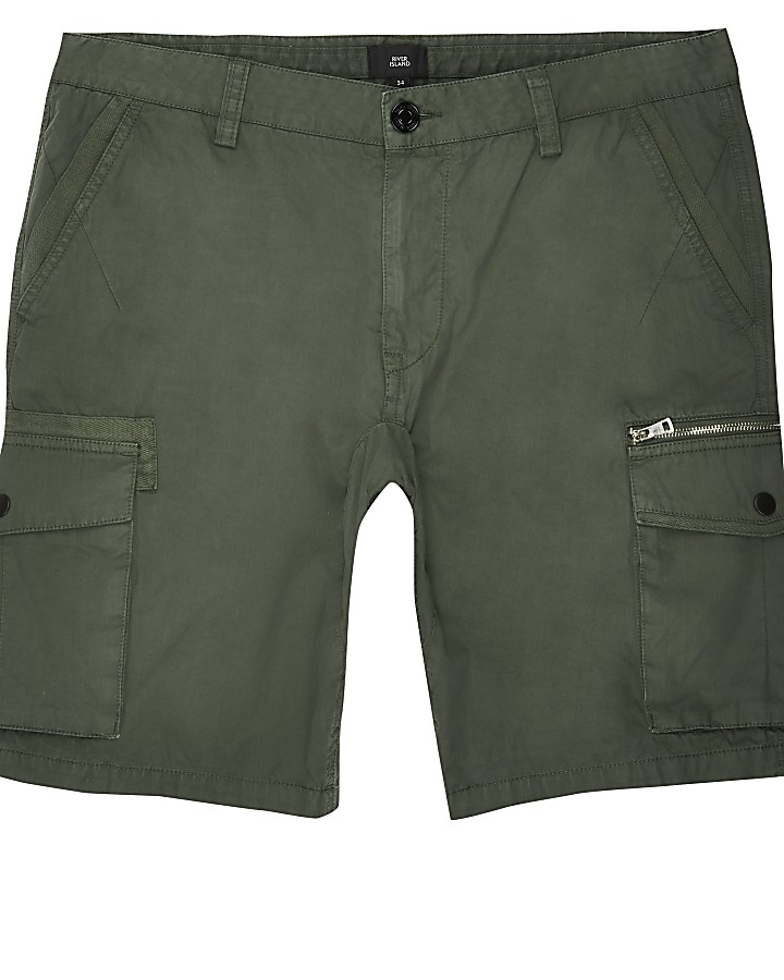 Khaki green slim fit cargo shorts