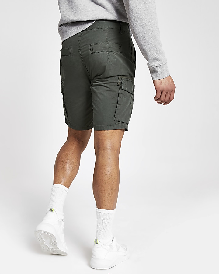 Khaki green slim fit cargo shorts