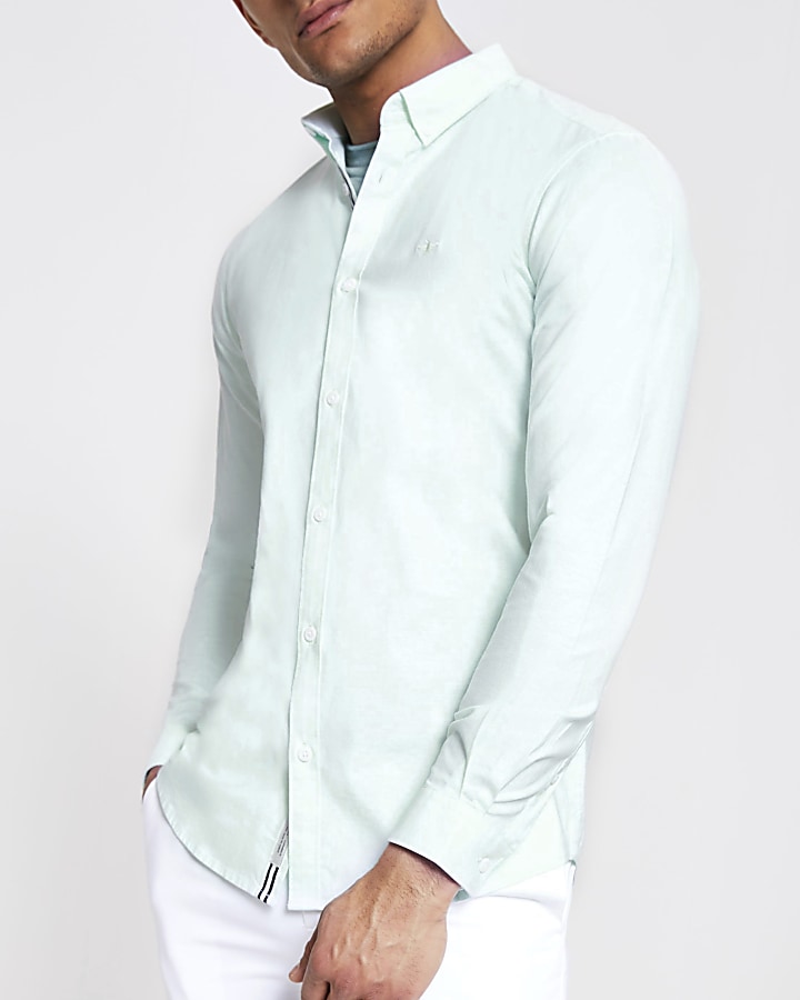 Green embroidered muscle fit Oxford shirt