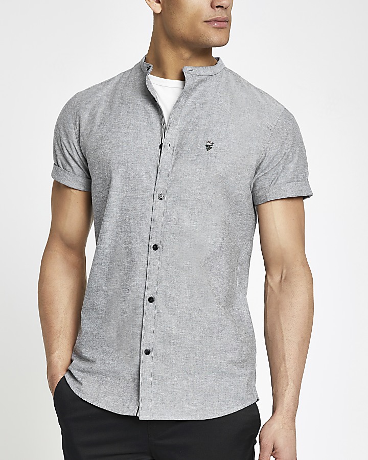 Grey Oxford grandad muscle fit shirt