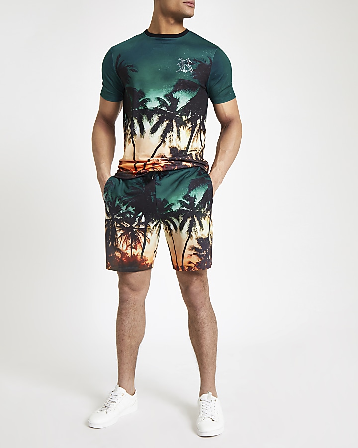Blue palm print slim fit jersey shorts
