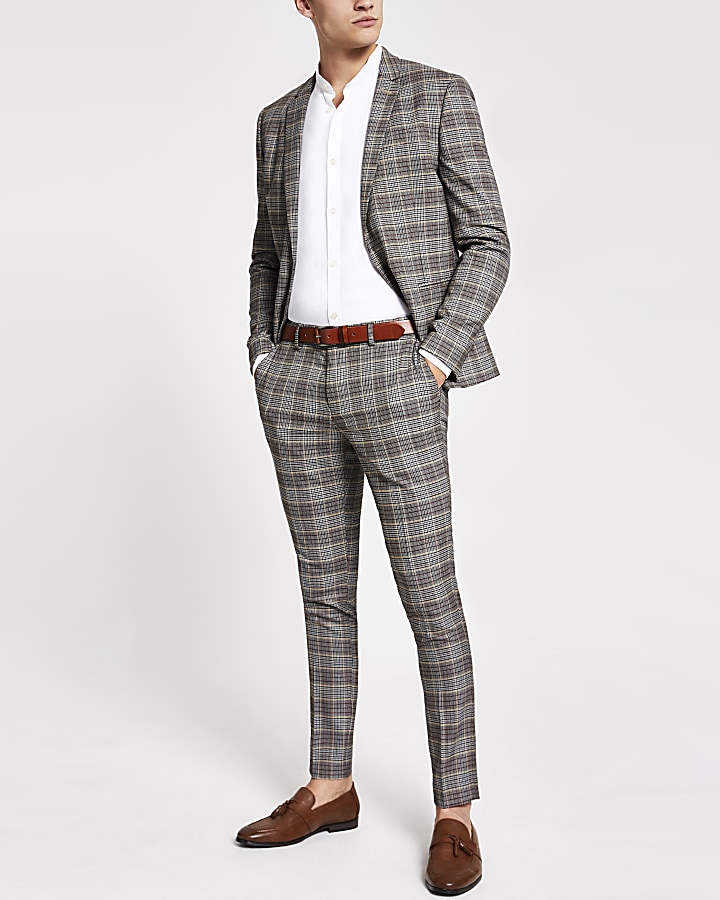 Brown check super skinny suit trousers