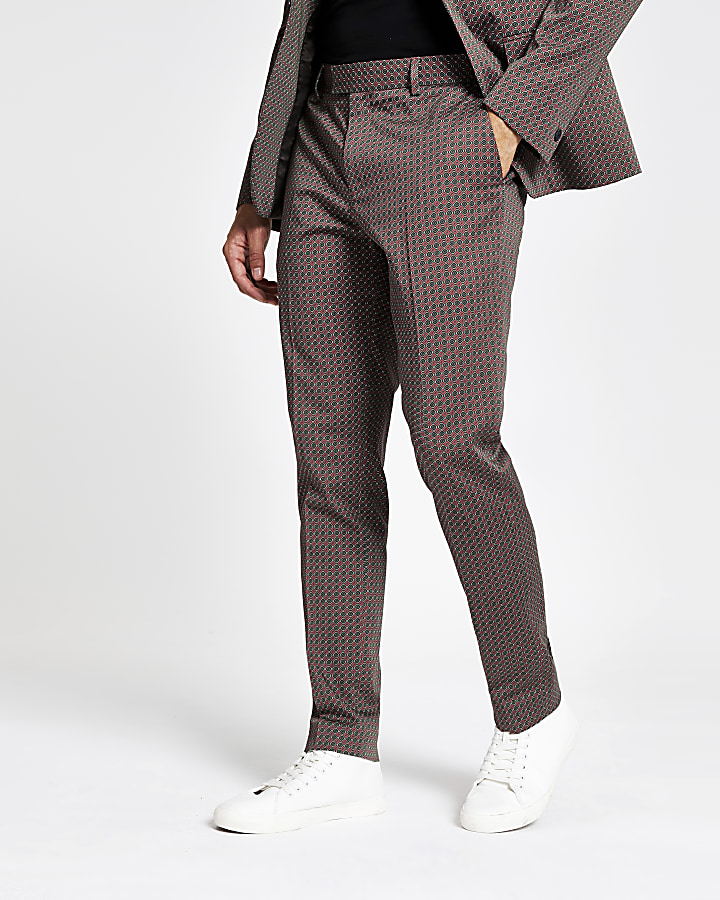 Brown geo print skinny suit trousers