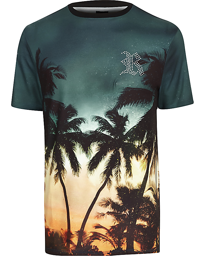 Blue palm print slim fit T-shirt