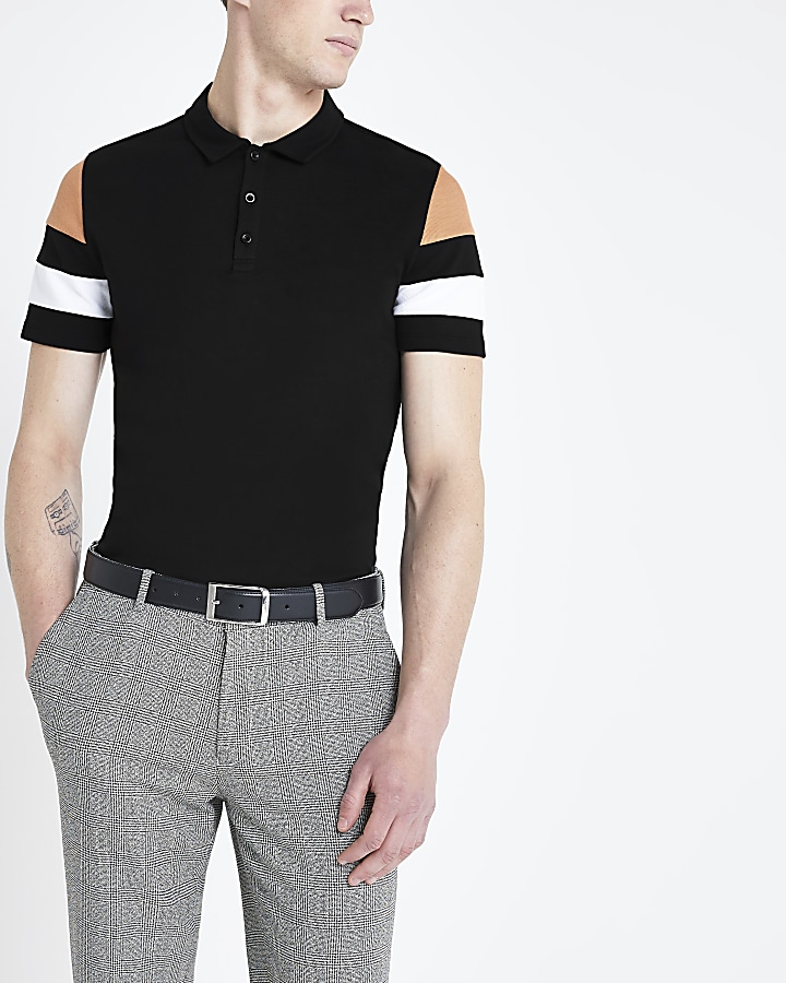 Black slim fit colour block sleeve polo shirt