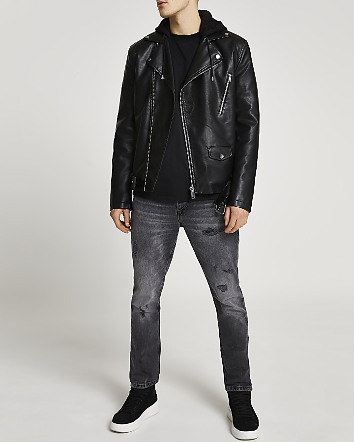 Black hooded faux leather biker jacket