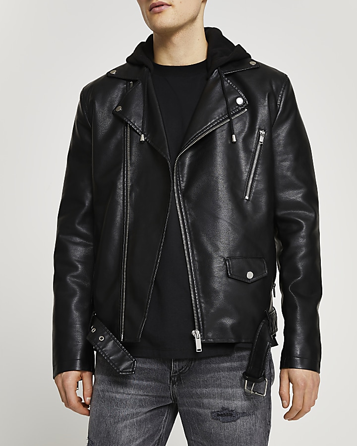 Black hooded faux leather biker jacket