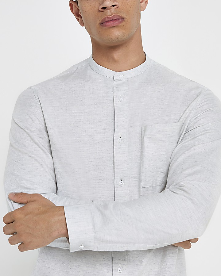 Grey herringbone grandad long sleeve shirt