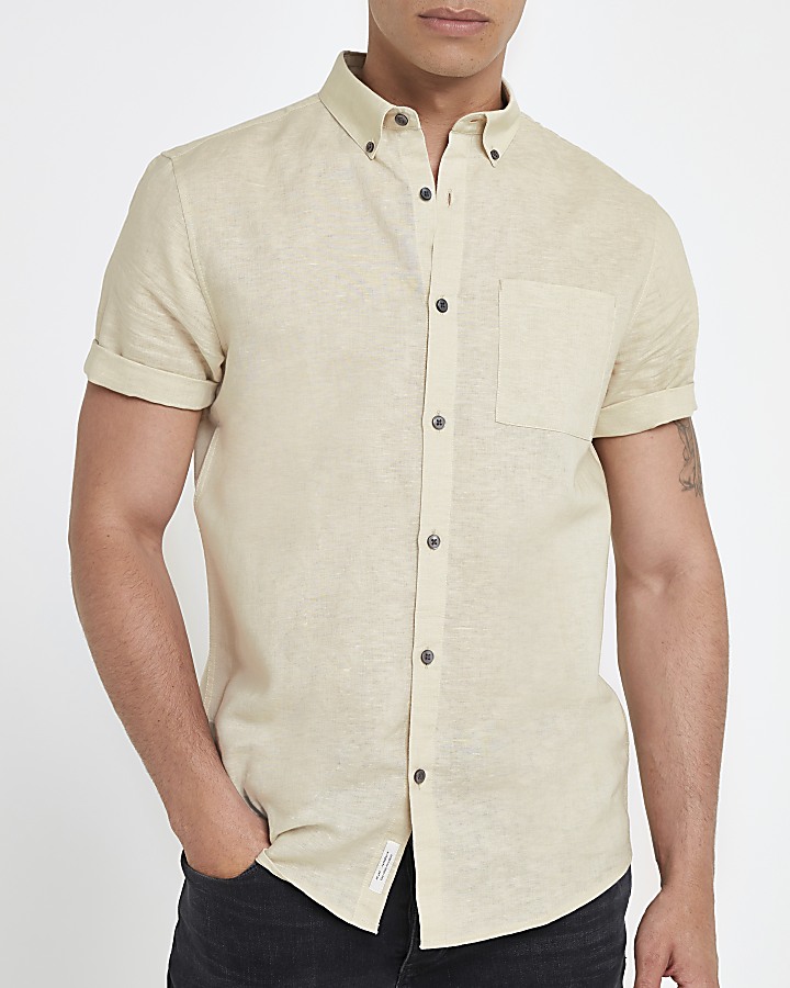 Ecru short sleeve linen blend shirt