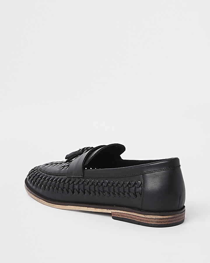 Black leather woven tassel loafers