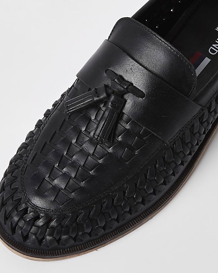 Black leather woven tassel loafers