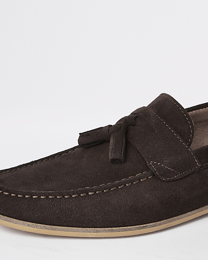 Brown suede tassel front loafers