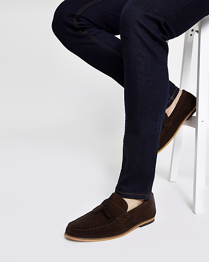 Brown suede tassel front loafers