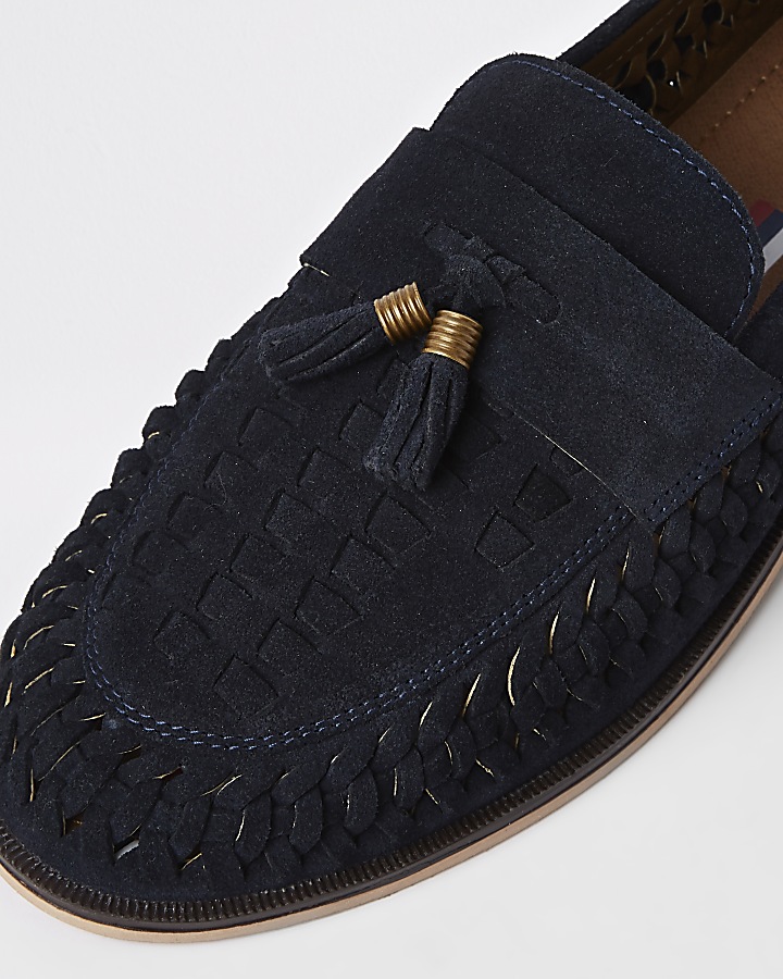 Navy suede woven tassel loafers