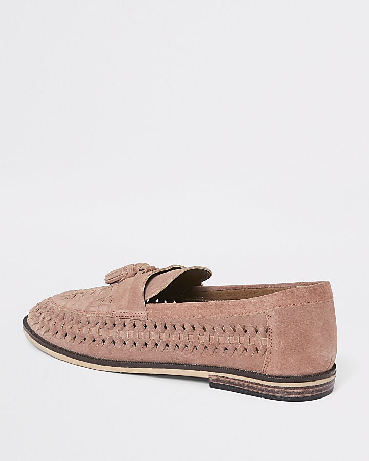 Pink suede woven tassel loafers