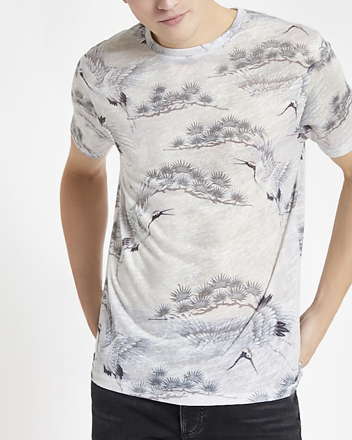 Grey crane print slim fit T-shirt