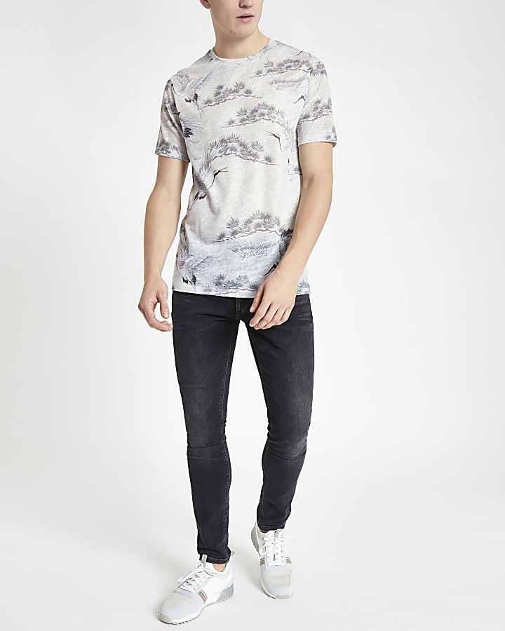 Grey crane print slim fit T-shirt