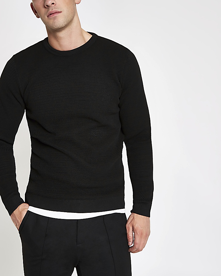 Black slim fit crew neck knitted jumper