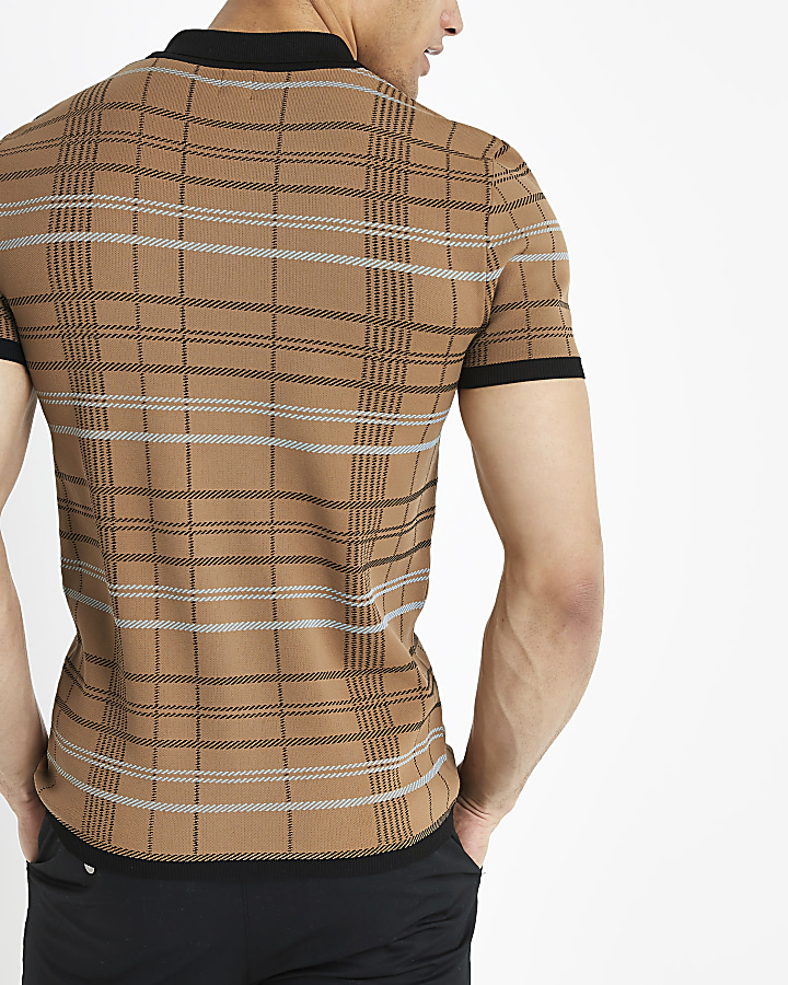 Brown check muscle fit zip neck polo shirt