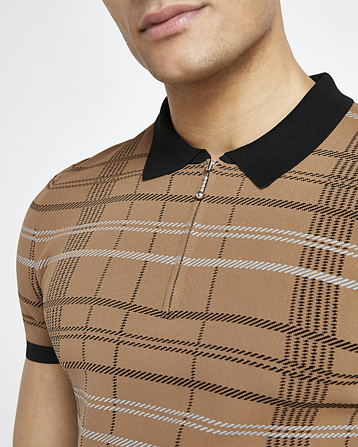 Brown check muscle fit zip neck polo shirt