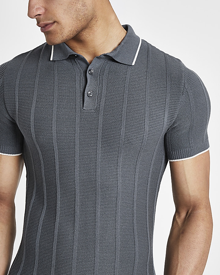 Grey knitted stitch muscle fit polo shirt