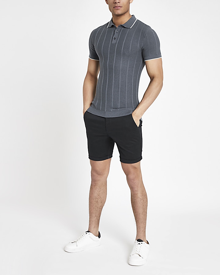 Grey knitted stitch muscle fit polo shirt