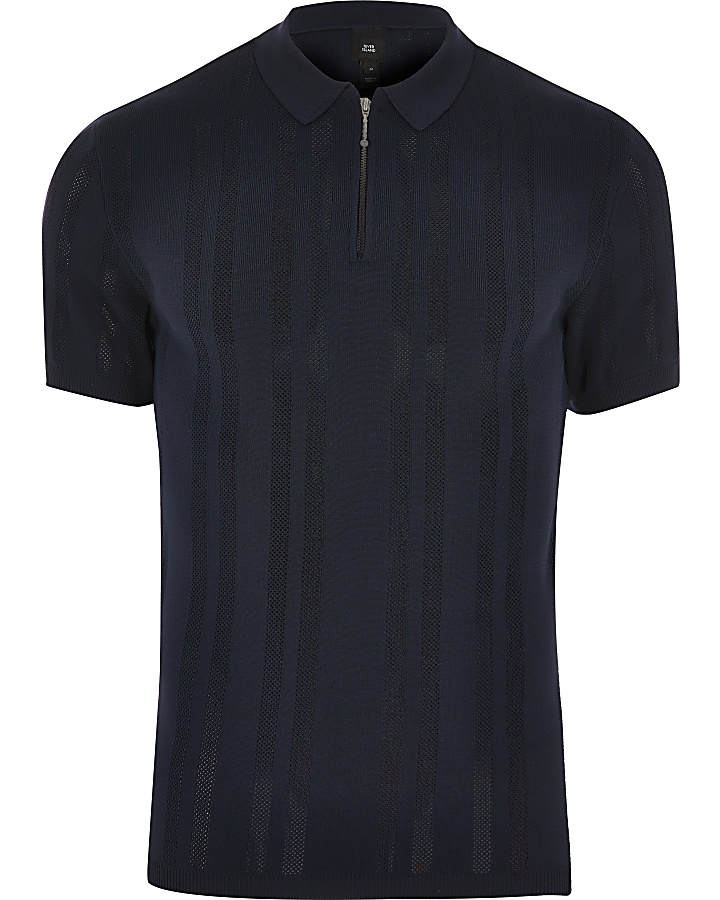 Navy muscle fit half zip knitted polo shirt