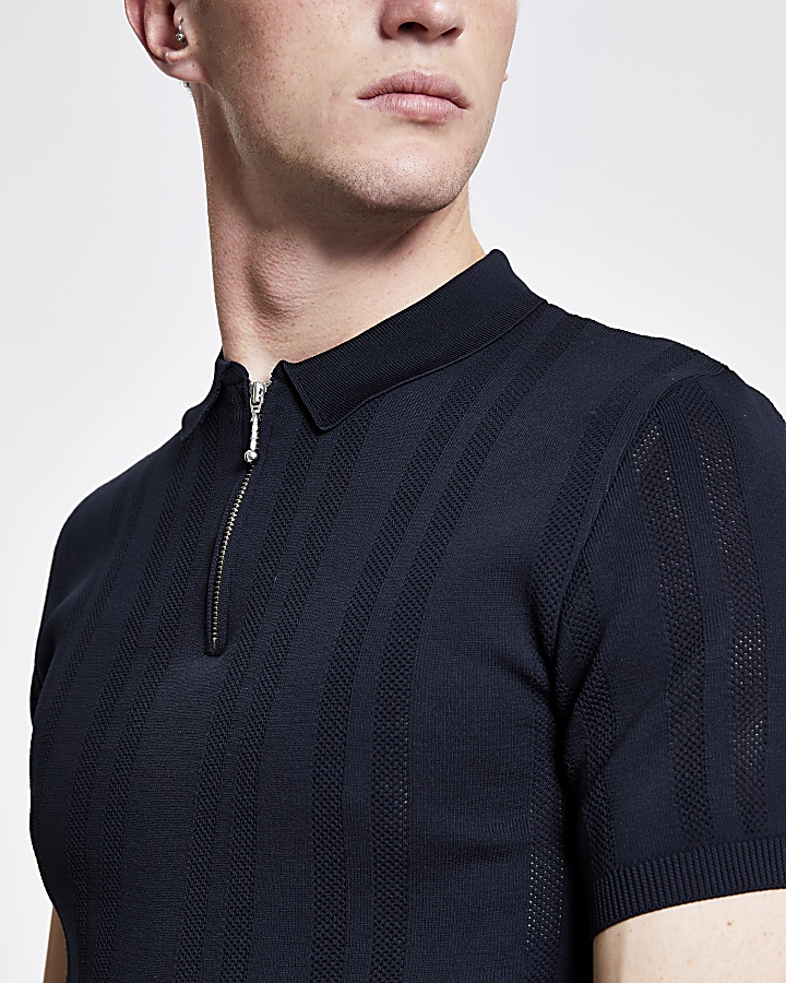 Navy muscle fit half zip knitted polo shirt