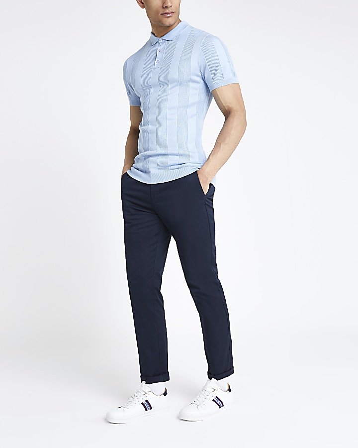 Light blue muscle fit rib knitted polo shirt