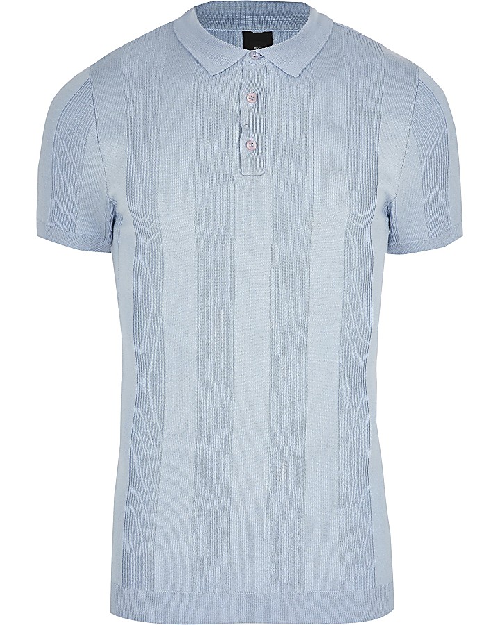 Light blue muscle fit rib knitted polo shirt