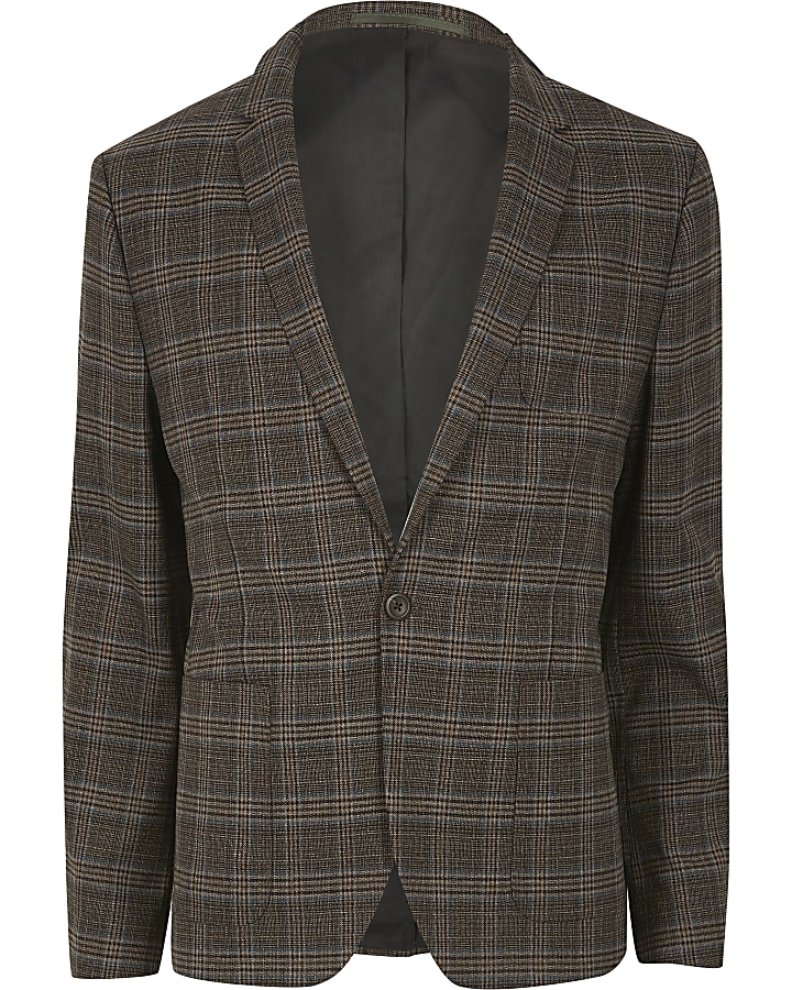 Brown heritage check skinny fit suit jacket