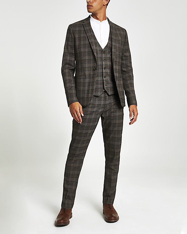 Brown heritage check skinny suit trousers