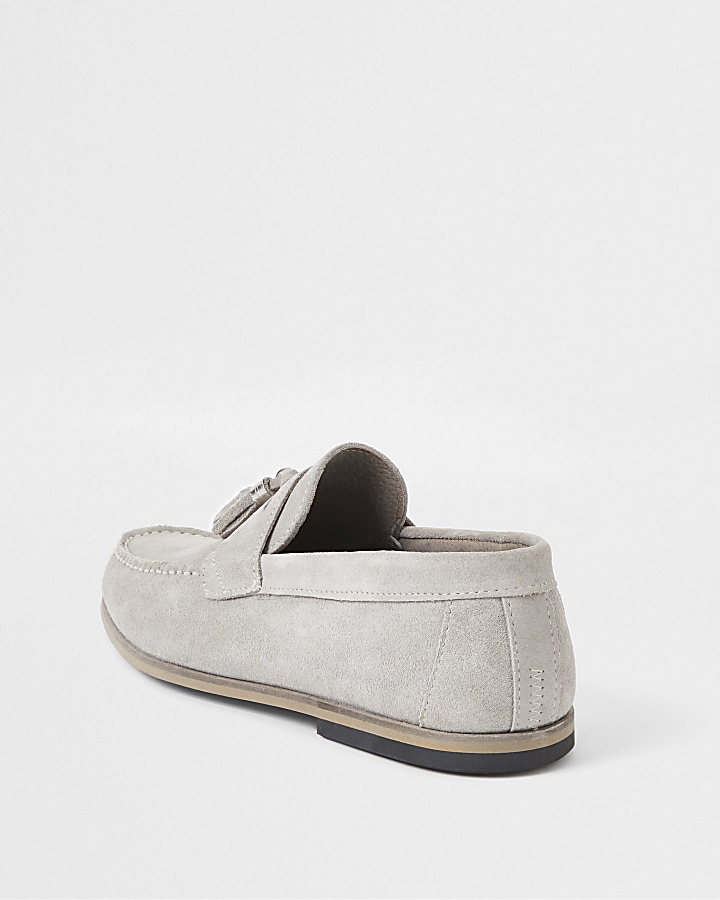 Light grey suede tassel loafers
