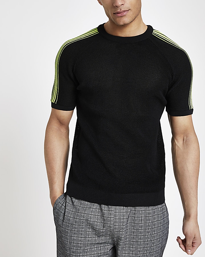 Black neon tape knitted slim fit T-shirt
