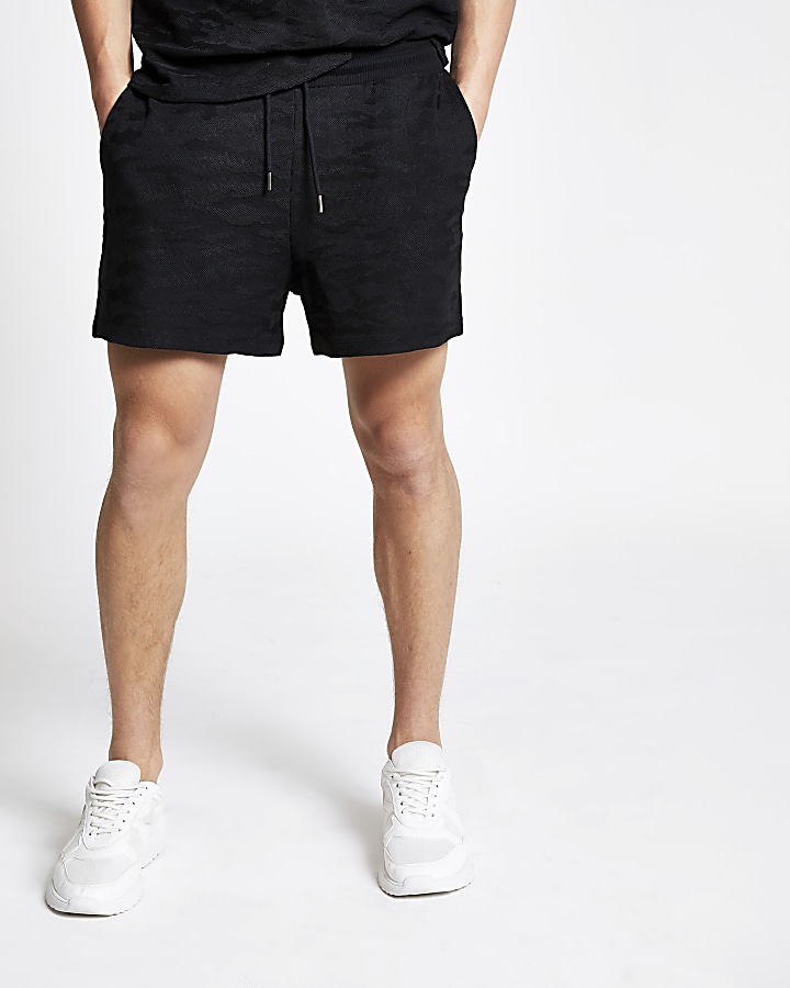 Black camo slim fit textured jersey shorts