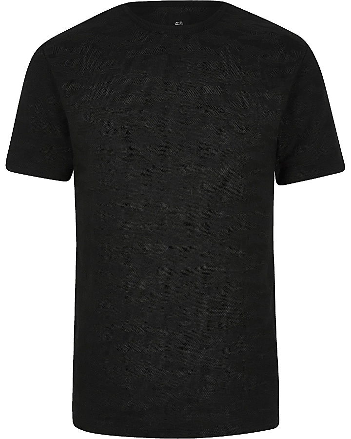 Black camo slim fit textured T-shirt